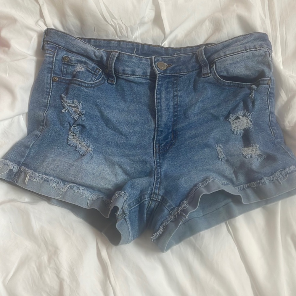 These are blue ripped Jean shorts!